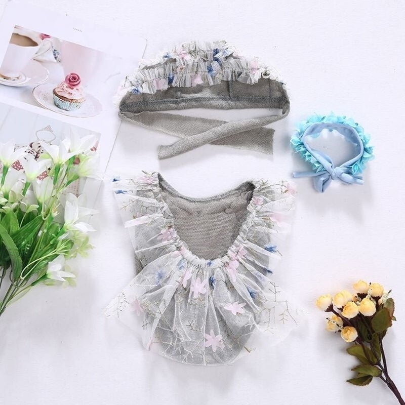 SPOKKI 3 PCS Newborn Photography Props with Baby Lace Rompers Hat Flower Headband Vest Floral Classic Outfits for Girl Princess Twins Birthday Party - Image 2